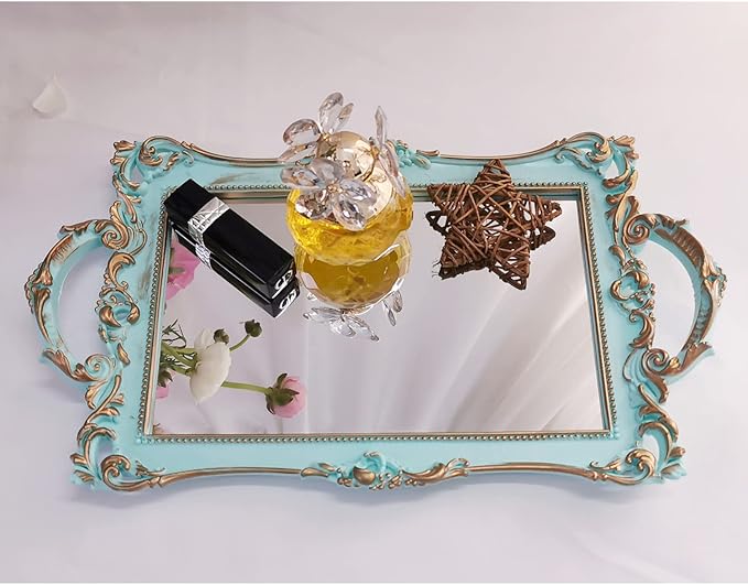 Small Rectangle Decorative Mirror Tray, French Style, Makeup Organizer, Jewelry Organizer, Serving Tray, 13"x 7.8", Golden Blue