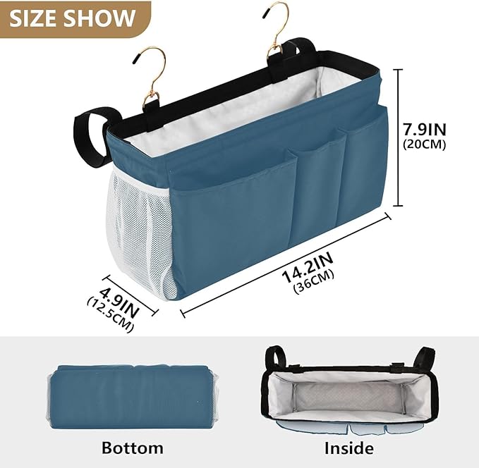 Caribbean Blue Bedside Caddy Storage Bag Bedside Organizer for Bunk Bed Headboards College Bedside Shelf Hanging Organizer 6 Pockets with Hooks for Book Glasses Phone Holder