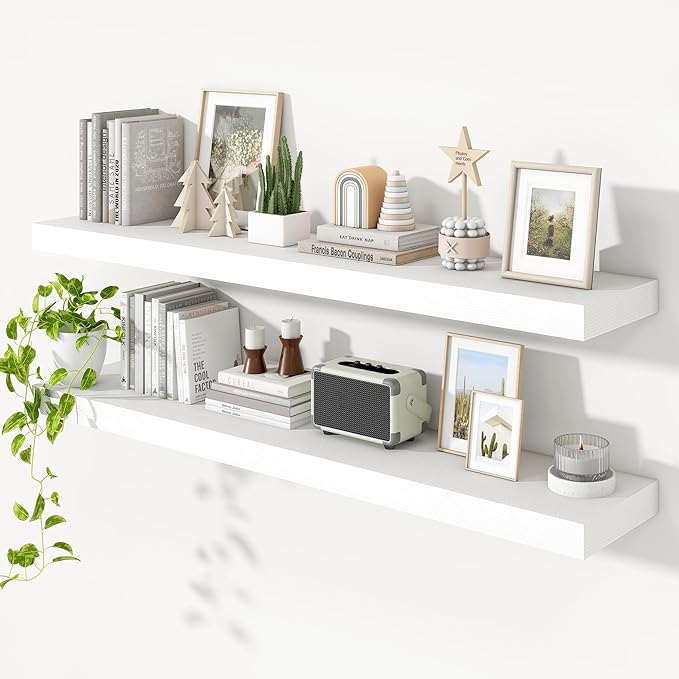 Heimlove Floating Shelves for Wall 55 Inch Long,Extra Large and Thick Wood Shelves Mounted Storage Hanging Shelf Invisible Bracket for Bedroom,Living Room,Kitchen,Office,Set of 2,White