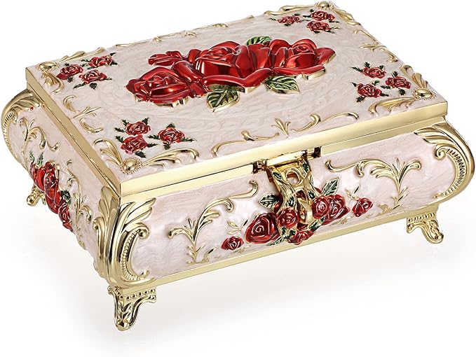 Hipiwe Metal Decorative Jewelry Box Vintage Treasure Chest Case Ornate Trinket Organizer Earrings Necklace Bracelet Storage Box Ring Holder Keepsake Box for Women