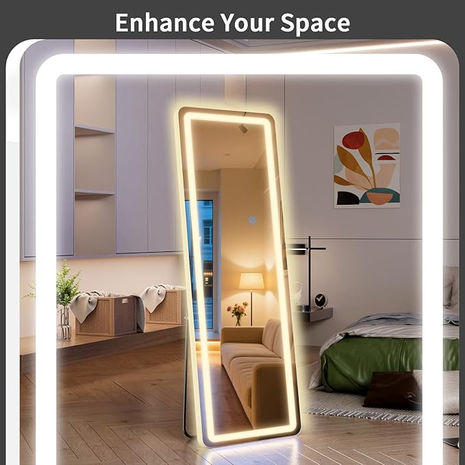 Standing Mirror Full Length with LED Lights, 56"x20" Lighted Mirror with Dimming & 3 Color Lighting, Tall Mirror Full Body for Bedroom, Dressing Room