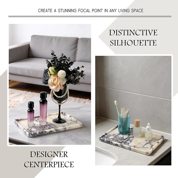 Luxury Natural Rectangle Marble Tray – 11.8 x 7.8-Inch Calacatta Viola Stone Vanity Tray, Large Catchall Organizer for Jewelry Perfume Keys, Decorative Tray for Bathroom Coffee Table & Dresser