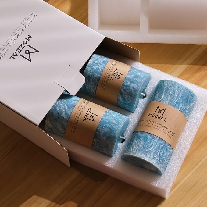 MOZEAL Hand-Poured, Unscented Turquoise Crystal Pillar Decorative Candles, Elegant Set of 3 in Different Sizes (3"x4", 3"x5", 3"x6"), Luxurious Décor for Spring Homes & Events
