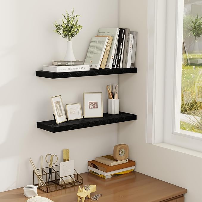 Fun Memories Deep Black Floating Shelf, 22.5" W x 6.5" D Rustic Wood Wall Shelf for Books with Invisible Brackets, Floating Shelf for Storage & Display in Kitchen, Living Room, Bedroom, 2 Packs