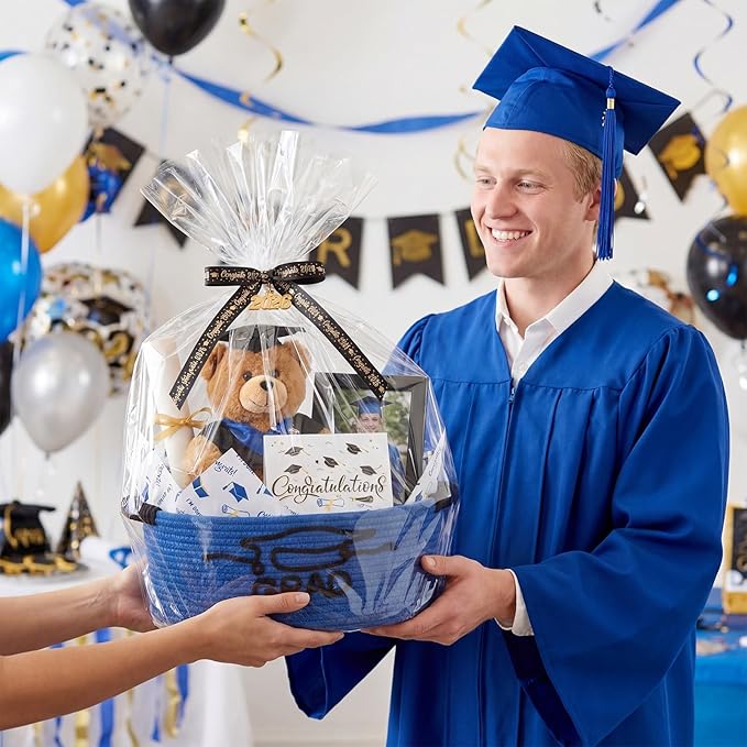 Colingmill 2026 Graduations & Nurses Week Gift Basket Empty to Fill, Woven Rope Basket 15" x 11" x 6" Decorative Storage Baskets with Gift Bag, Bow, Tissue Paper & Year Charm(Blue,Black,Graduation)