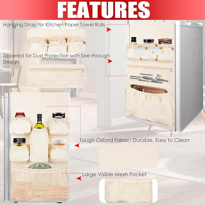 ChezMax Mini Fridge Organizer Dorm Essentials - Over the Fridge Caddy Organizer, Dorm Room Storage, Mini Refrigerator Dust Cover Top with 12 Extra Large Fabric Pockets for Office Kitchen Home, White