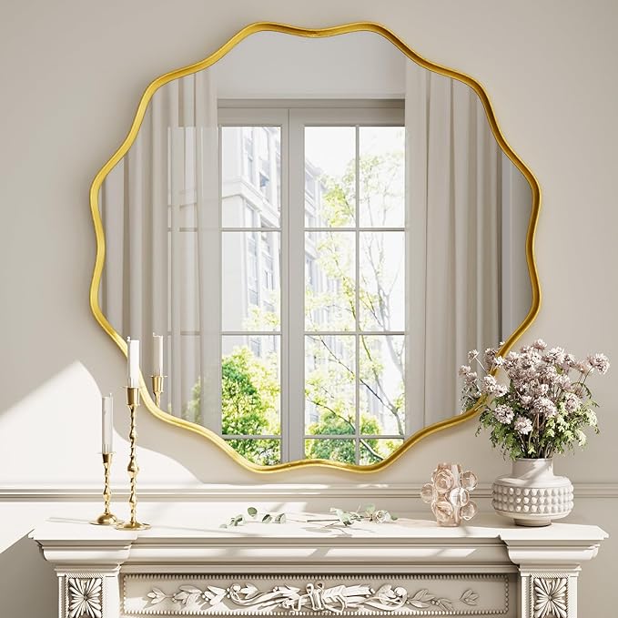 Round Wavy Mirror 42 Inch Bathroom Vanity Mirror Metal Frame Circle Wall Mounted Mirror for Bedroom Living Room Entryway Gold