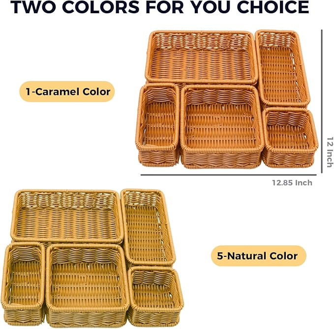 Drawer Organizers- Plastic Rattan Storage Trays for Bedroom, Bathroom, Kitchen, Office, Handwoven organizer, Waterproof and Easy Clean, 1 Set, Natural Color
