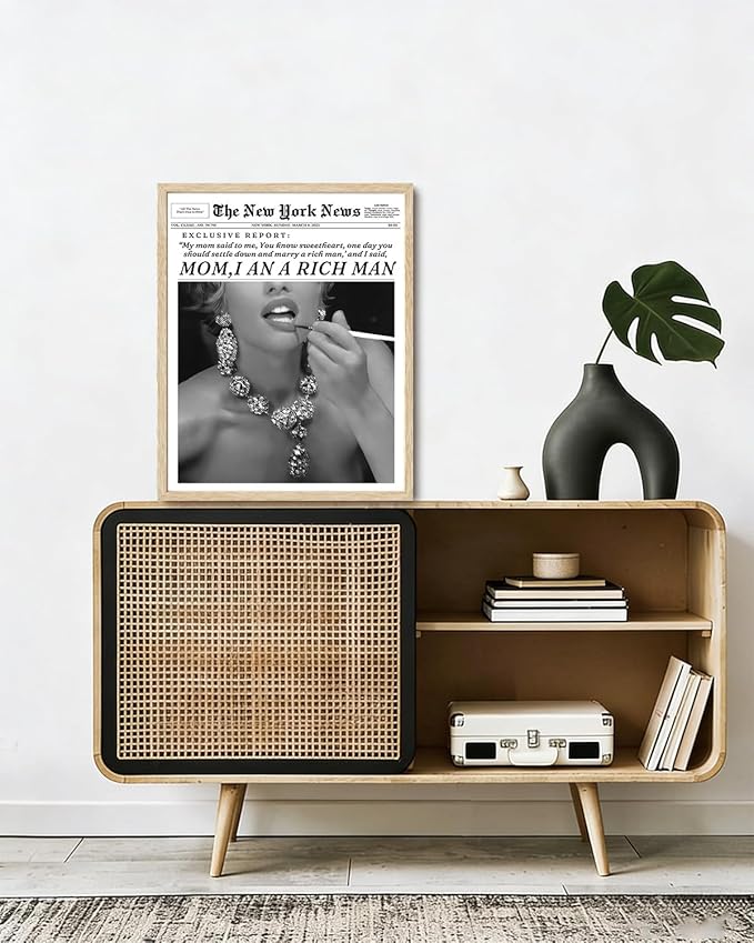 Bwodke OAK Wood Framed Wall Art Mom I Am a Rich Man Canvas Art Vintage Newspaper Pictures Wall Decor Trendy Prints Retro Artwork for Girly Dorm Bedroom 16"x20"