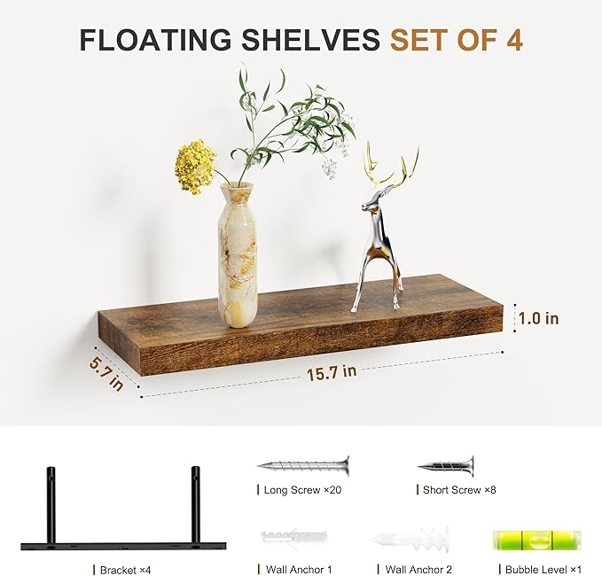 Bellsal Floating Shelves for Wall, Rustic Brown Wood Wall Shelf Set of 4, 16" Walls Mounted Floating Shelf for Kitchen, Living Room, Bedroom, Bathroom Storage, Book Shelf for Walls Home Decor