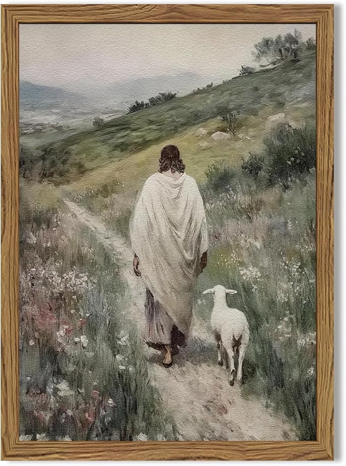 Jesus and Lamb Wall Art 3D Textured Hand Drawn Sandstone Lost Lamb Wall Decor, Jesus Leaves the 99 Sheep Christian Paintings Artwork for Living Prayer Room Bedroom 16x24 inch Wood Framed