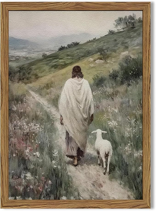 Jesus and Lamb Wall Art 3D Textured Hand Drawn Sandstone Lost Lamb Wall Decor, Jesus Leaves the 99 Sheep Christian Paintings Artwork for Living Prayer Room Bedroom 24x36 inch Wood Framed