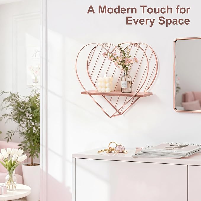 Afuly Floating Shelves for Wall, Cute Heart Wall Shelf Pink Funky Organizer Small Hanging Trinket Storage Aesthetic Room Decor for Bedroom Bathroom Hallway Entryway Vanity, Rose Gold