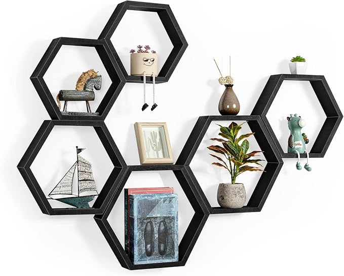YBING Hexagon Floating Shelves Black Hexagon Shelves for Wall Wood Farmhouse Storage Honeycomb Shelves Set of 6 Hexagon Wall Mounted Home Decor Storage Shelves for Living Room Bedroom Office