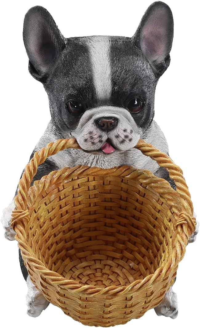 Dog Resin Storage Basket, Desktop Organizer for Remote & Keys, Cute Home Decor Tray, Ideal present for Pet Lovers.(French Bulldog Biting Basket)