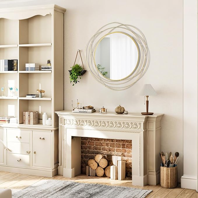 HQiJun Round Wall Mirror - 26.8" Large Gold Circle Mirror for Wall with Art Decorative Durable Metal Frame, Modern Hanging Mirror for Bathroom Over Sink, Bedroom, Entryway, Vanity or Living Room