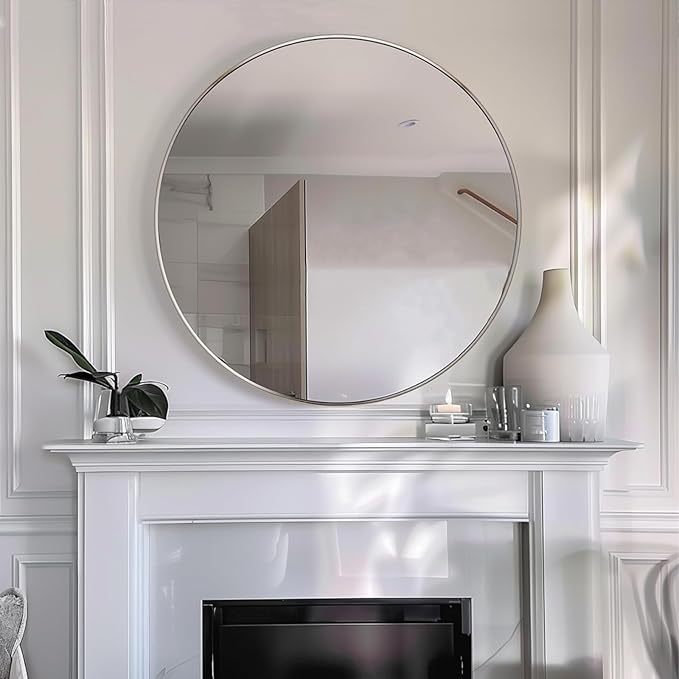 Sunniry Silver Round Mirror 26 inch, Silver Circle Mirror with Aluminum Frame, Circle Wall Mirrors for Bathroom, Living Room, Hallway, Bedroom.