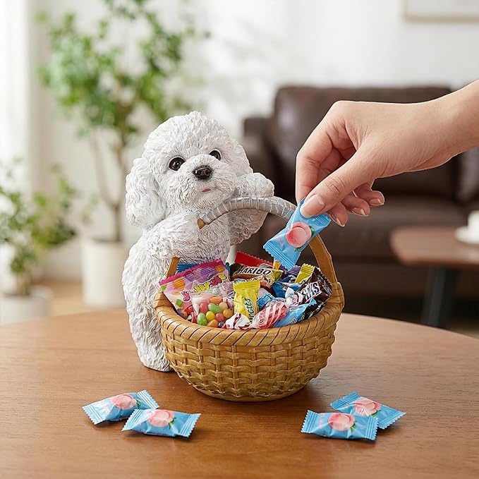 Dog Resin Storage Basket, Desktop Organizer for Remote & Keys, Cute Home Decor Tray, Ideal present for Pet Lovers.(White Poodle)