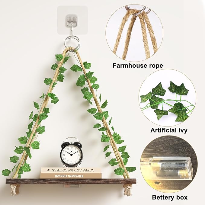 Fixwal Artificial Ivy LED-Strip Floating Shelves Set of 2, Macrame Hanging Shelves Plant Wall Decor, Rustic Boho Wood Wall Storage Shelves for Bedroom, Living Room, Bathroom Decor (Dark Brown)