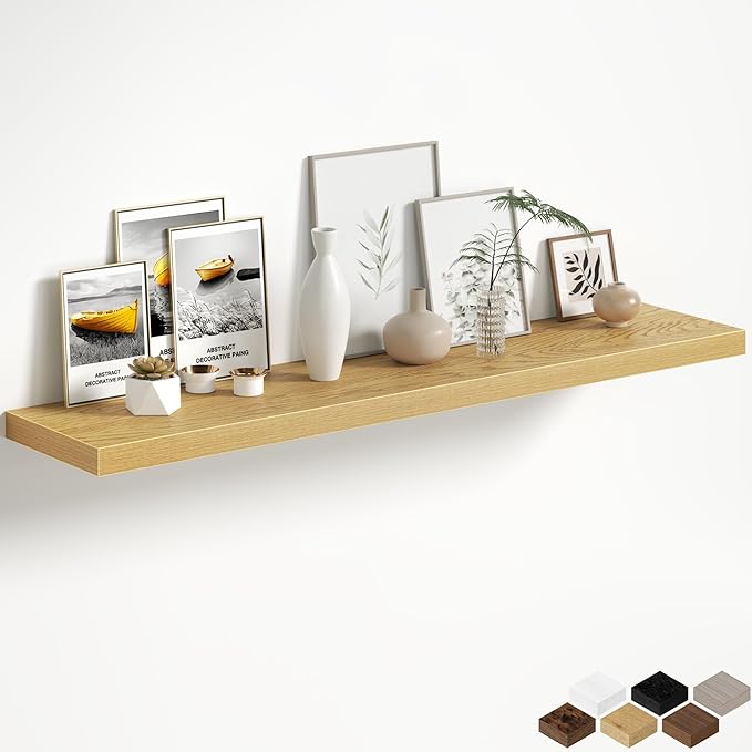 Oak Floating Shelves for Wall, 55 Inch Floating Shelves Set of 1, Wall Mounted Rustic Wood Shelf for Bathroom, Living Room, Bedroom and Kitchen, Hanging Shelf for Storage, Books, Home Decor