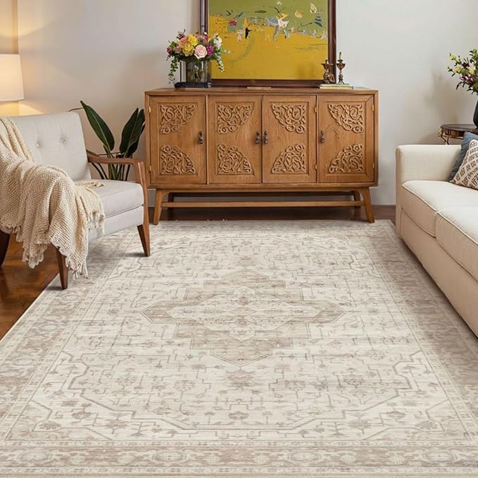 Rugxara Washable Area Rug for Living Room, Vintage Neutral Boho Rugs for Office, Dining Room, Kids Room, Farmhouse, Durable Low Pile Non Slip Carpet for High Traffic Areas, Cream(4x6ft)