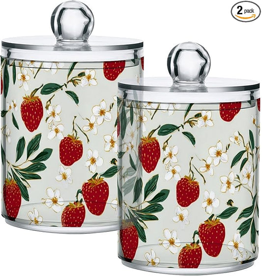 2 Pack Apothecary Jars Cheerful Strawberry Star Pattern Bathroom Vanity Storage Organizer Set,Small Clear Plastic Storage Jars Bathroom Canister for Cotton Swabs, Rounds, Balls, Qtips,Makeup Sp