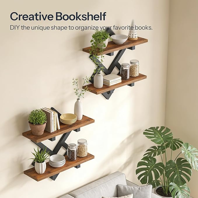 HOOBRO 15" Floating Shelves for Wall, Set of 2 Wall shelf, 2-Tier Hanging Shelves, Wall Mounted Storage Shelf, Display Rack, for Living Room Bedroom Kitchen Bathroom, Rustic Brown and Black BF14BJP201