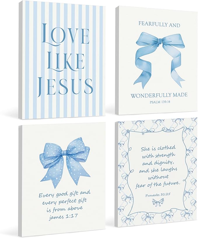 LARTSFRO Coquette Blue Bow Jesus Canvas Wall Art Decor Posters Prints, Light Blue Bow Room Bedroom Bathroom Dorm Wall Art Decor Aesthetic for College Teen Girls Gifts, Inspirational Bible Verses Bow Wall Decor, 11x14 Inch Set of 4 Pcs Bow Pictures (Can...