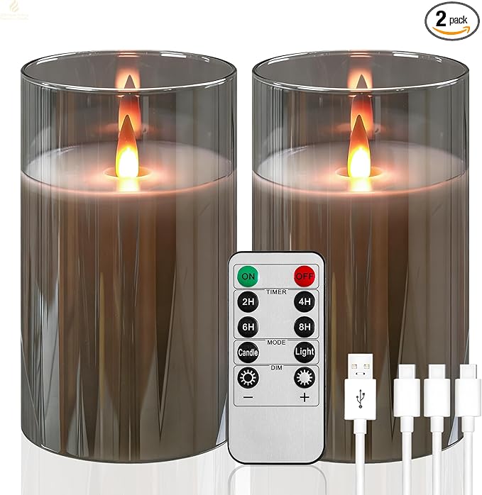 HaitanghuaRechargeable Candles, Remote Control Candles with Remote, 2/4/6/8 Hour Timer, USB Rechargeable flameless Pillar Candles, Gray, 6 inches (2-Pack)