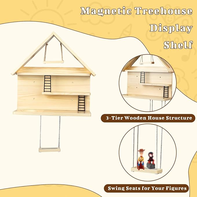 WodGod Magnetic House-Shaped Display Shelf for Tonies, 3-Tier Wooden Shelf with Magnetic Strips, Swing Display Seats, Storage Organizer Compatible with Toniebox, Mounting Hardware & Felt Storage Bag