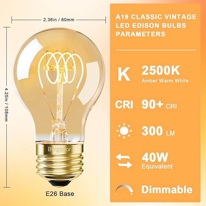 BLINGCOLOR A19 Vintage LED Edison Light Bulbs 40 Watt, 4-Pack Dimmable A19 4W LED 2500K Warm White Light Bulbs, E26 Base, 4W Equal 40 Watt Incandescent Bulbs, Decorative Antique Bulb, 300LM