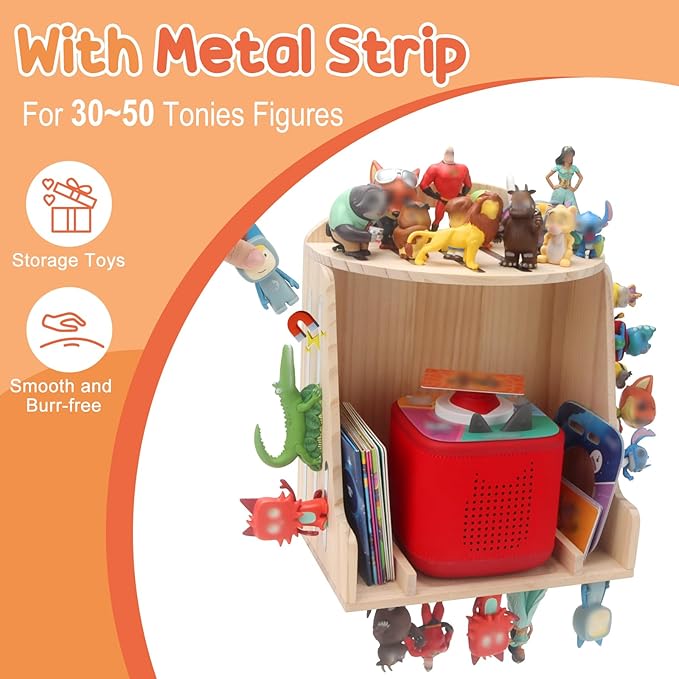 for Toniebox 1/2 Storage Shelf Display for 40–50 Tonies Figures Characters, Holds for Tonieplay Story Game Controller Accessories, Wooden Magnetic Organizer with Charging Access, Wall Mount+Desktop