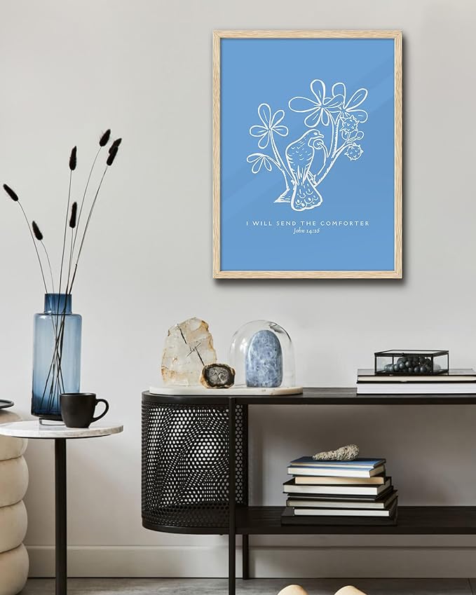 EcoHest OAK Wood Jesus Framed Wall Art, 12x16in John 14:16 I Will Send The Comforter Bible Verse Christian Wall Art, Modern Blue Bedroom Decor For Living Room Bathroom Christian Merch Gift 1Pack