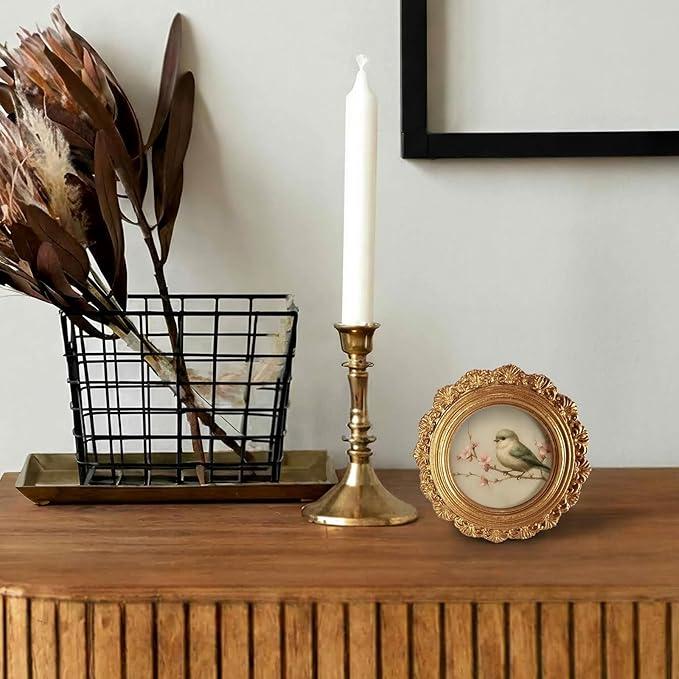 Small Vintage Bird Spring Round Picture Frame Wall Decor, Flower Gold Mini Ornate Photo Frame for TableTop Desk 2.7in Photo, Rustic Farmhouse Framed Artwork for Walls Office Bedroom Shelf