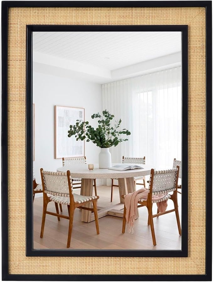 Rectangle Rattan Mirror, 24"x32" Rattan Wall Mirror for Bathroom, Large Farmhouse Wooden Mirror with Handmade Wicker Frame, Decorative Boho Mirror for Nursery Bedroom Living Room Entryway Black