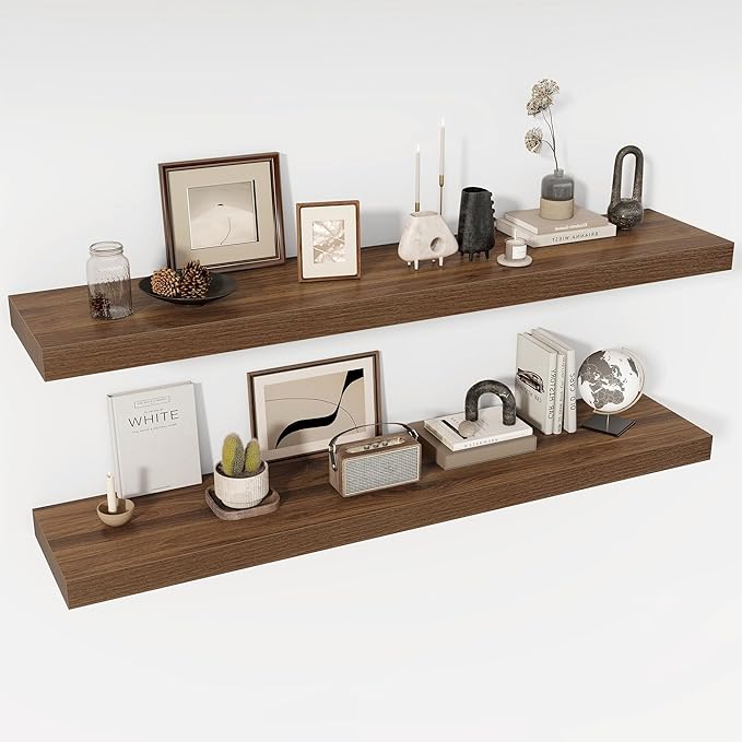 Acovy 55 Inch Floating Shelves, 12" Deep Floating Shelf Wall Mounted, 55" Wall Shelves, Rustic Deep Bookshelf, Extra Deeper & Thicker Display Shelves for Bedroom, Living Room, Walnut, Set of 2