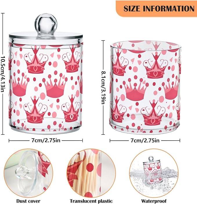 2 Pack Qtip Holder Dispenser for Cotton Ball Crown Pink Polka Dots Swab Round Pads Clear Plastic Acrylic Jar Set Bathroom Canister