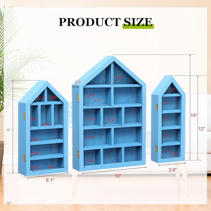 DoubleFill Set of 3 Wooden Trinket Display Shelf Shadow Box with Shelves 10 x 15 Inch Large Wall Mounted Display Storage Mini Figures Curio Trinket Medals Crafts Collections(Ocean Blue,House Shape)