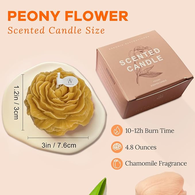 Dark Yellow Peony Flower Shape Candles for Women - Aromatic Pastel Aesthetic Candle with Chamomile Fragrance - Christmas Gift for Friends Colleagues and Classmates (3 inch)