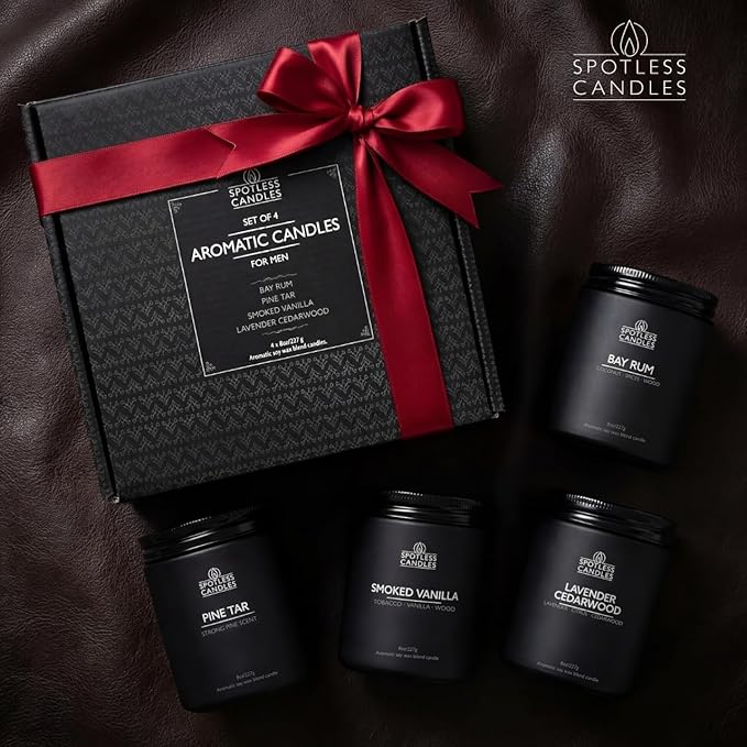 Scented Candles for Men - Soy Candles in Gift Box & Protective Shipper - Men Candle Set x 4 - Cedarwood & Lavender/Bay Rum/Pine Tar/Smoke & Vanilla - Spotless Leopard