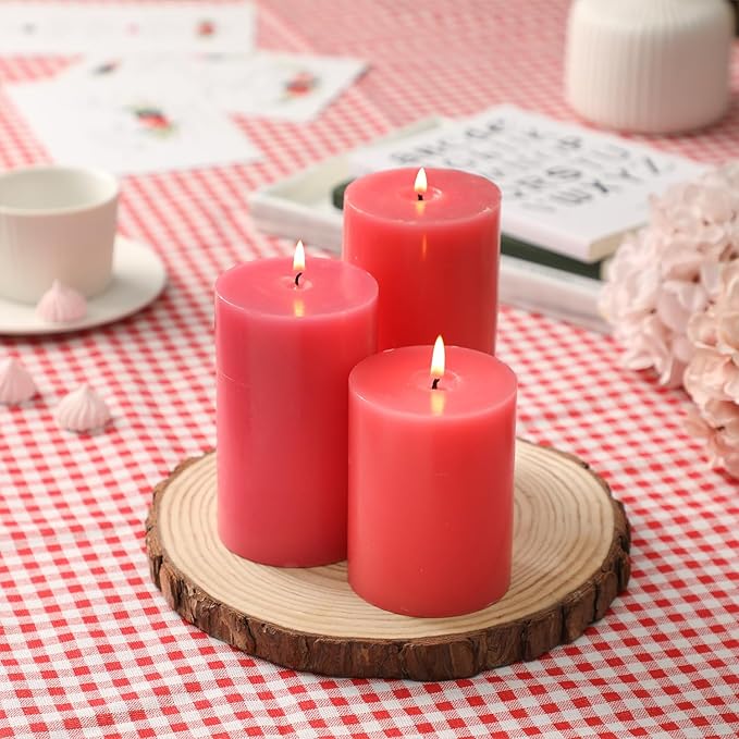 Pink Pillar Candles Set of 3 - Valentines Day Pink Candles Decorations, Hand-Poured Unscented Candle, Smokeless Decorative Candle for Home, Set of 3 in Different Sizes (4", 5", 6")