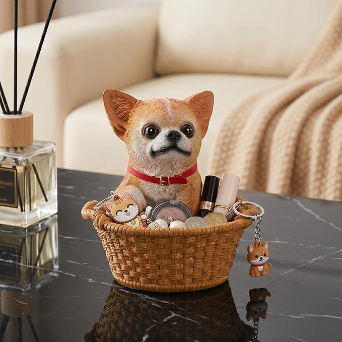 Dog Resin Storage Basket, Desktop Organizer for Remote & Keys, Cute Home Decor Tray, Ideal present for Pet Lovers.(Chihuahua Fawn)