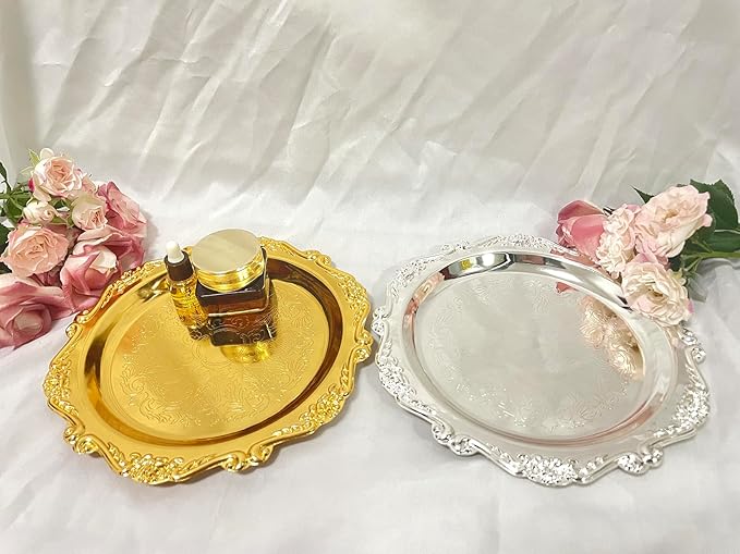 Tray Stainless Steel Decorative Trays Round Gold, Vintage Jewelry Perfume Storage Organizer with Embossed Rims, Small Display Tray Organizer for Dresser,Bedroom,Home Decor