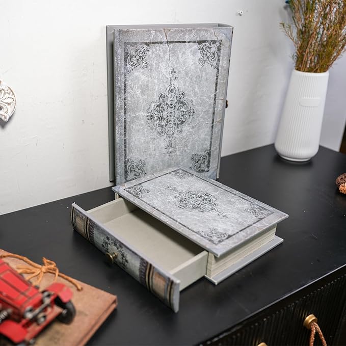 Vintage Book Storage Box with Drawer, Distressed Gray Faux Leather Cover with Ornate Baroque Design, Hidden Organizer for Jewelry or Office Bookshelf Decor 7″ x 5″ x 1.6″