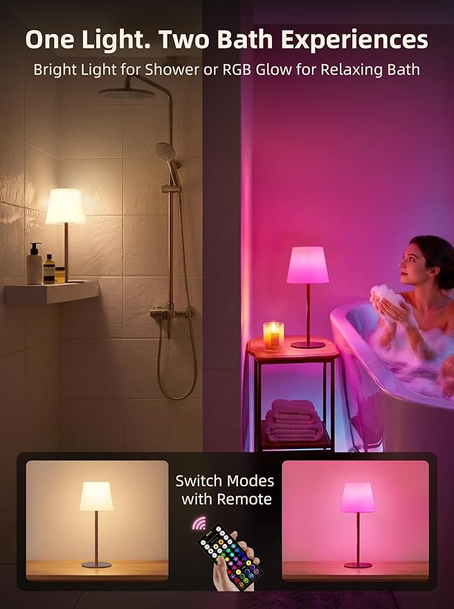 EZVALO Spa-Like Shower Lamp – Waterproof Bathroom Lamp with Remote, Rechargeable Cordless Mood Light, 3 Color Temps & 80 RGB Colors for Relaxing Bathroom & Bathtub Experience (2 Packs)