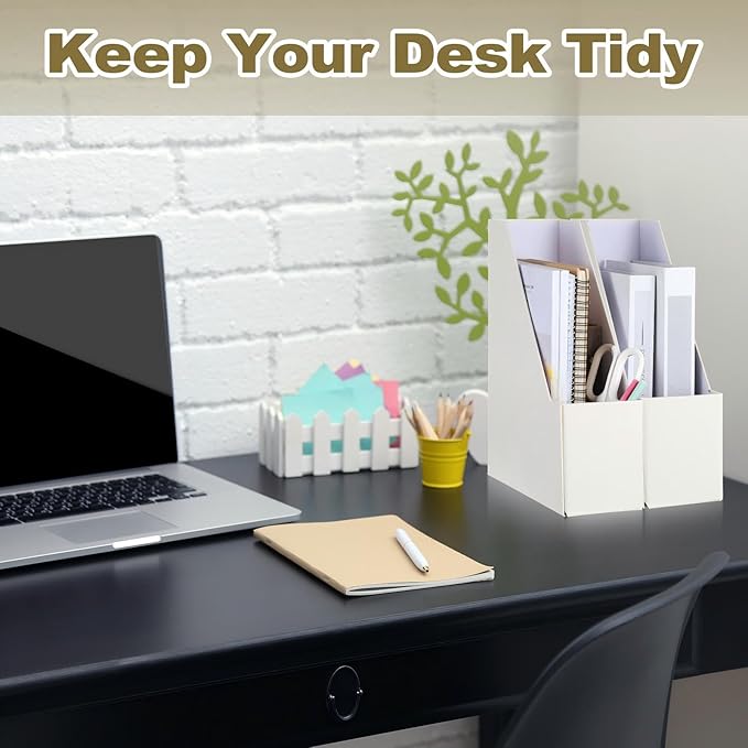 Gueevin Set of 6 Magazine File Holder Stylish Sturdy Cardboard File Boxes Desk Magazine Organizer Rack with Gold Label Holder to Organize Your Desk or Shelves for Home Classroom Office Library(Beige)