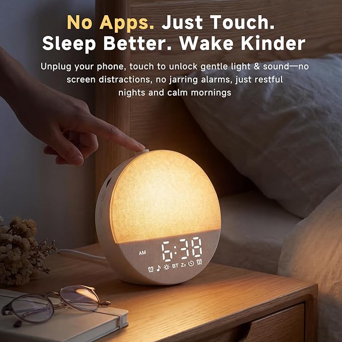 Geuuap Sunrise Alarm Clock White Noise Machine | Natural Wake-Up Light for Bedroom with 30 Soothing Sleep Aids, Bluetooth Speaker, Dimmable Clock, Screen-Free Design for Baby Adults Kids-Khaki