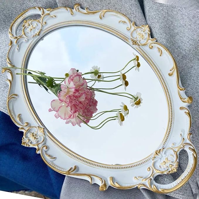 Schones Geschaft Decorative Mirror Tray, Makeup Jewelry Perfume Organizer, Vintage Oval Display and Serving Tray for Bedroom Living-Room Dresser Decor (14.6”x 9.8”) (White - Oval)