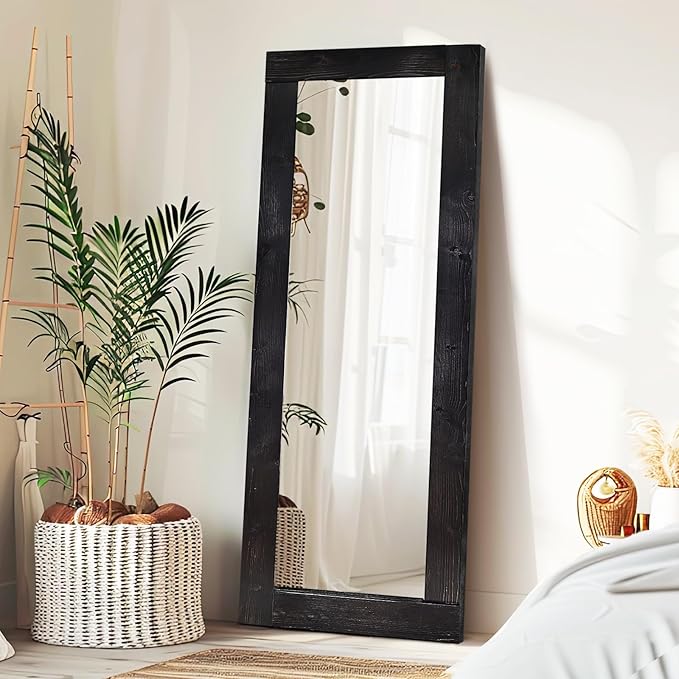 Full Length Mirror 65"x24" – Solid Wood Frame, HD Tempered Glass, Wall Mounted & Leaning, Rustic Modern Decor for Bedroom, Living Room, Entryway, Black