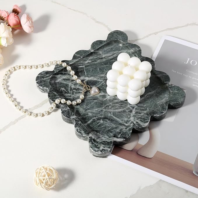 Marble Decorative Tray, Green Square Scalloped Vanity Tray for Coffee Table Decor, Vintage Jewelry Trinket Dish for Rings Earrings, Unique Natural Necklaces Holder for Mom, Nightstand Tray
